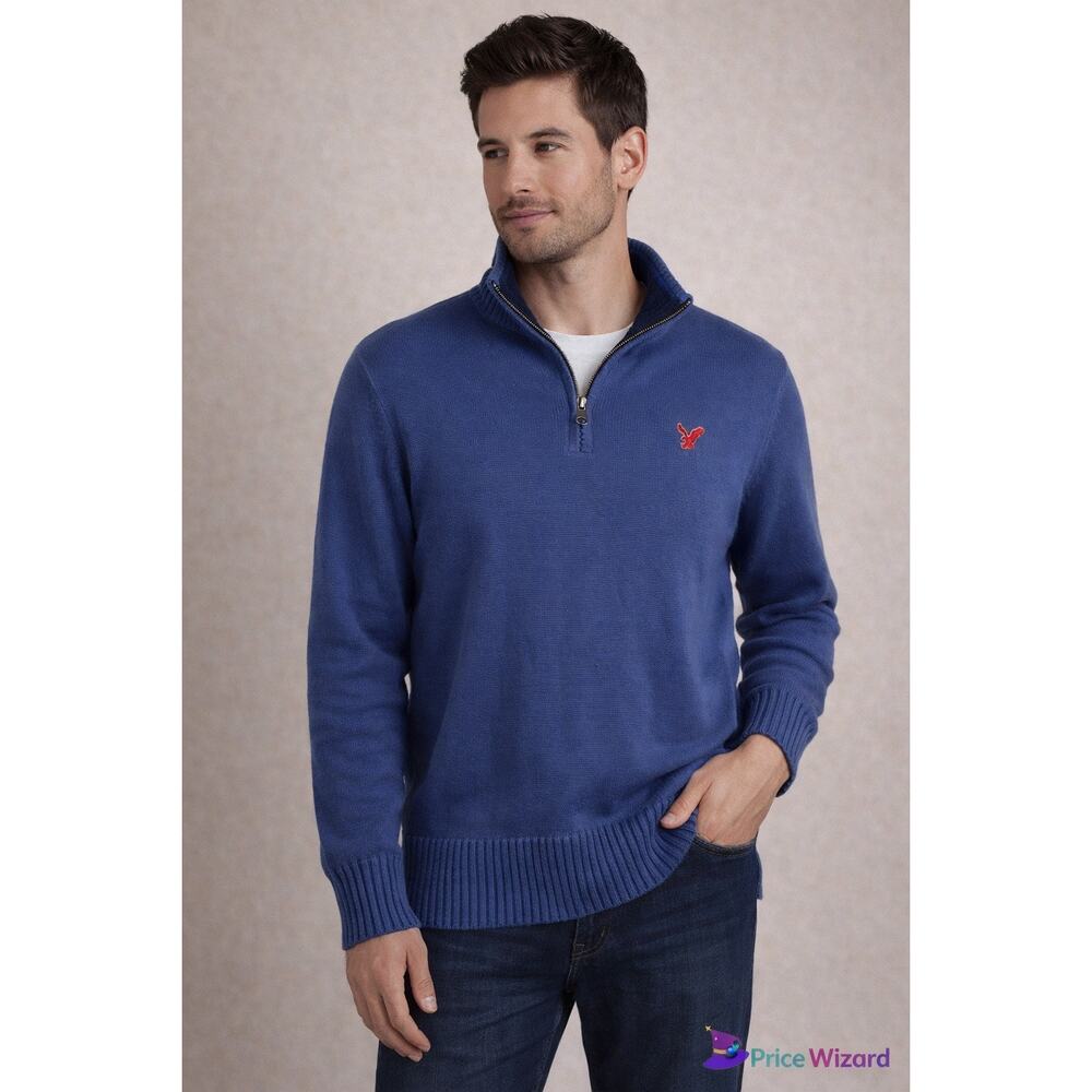 American‎ Eagle Outfitters Blue Quarter Zip Sweater XL Cotton Knit Pullover Men